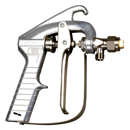 Angled view of 3M Scotch-Weld standard output cylinder adhesive applicator gun marked Max 17 Bars, manufactured in Wheaton Illinois, with brass nozzle assembly and metal trigger guard