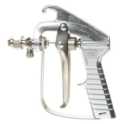Side view of 3M Scotch-Weld standard output cylinder adhesive applicator spray gun by Spraying Systems Company rated Max 250 PSI with brass nozzle and chrome trigger guard