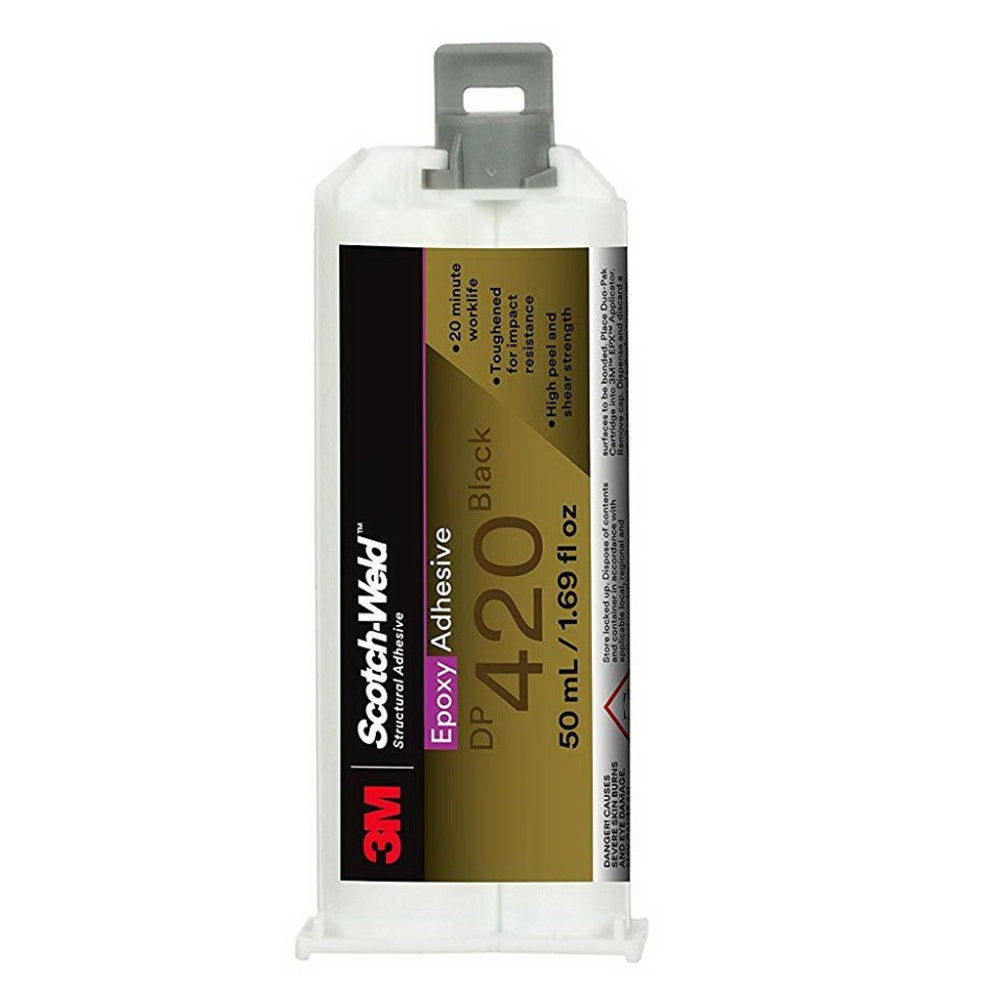 3M Scotch-Weld DP420 Black structural epoxy adhesive 50ml Duo-Pak cartridge featuring a 20-minute worklife.