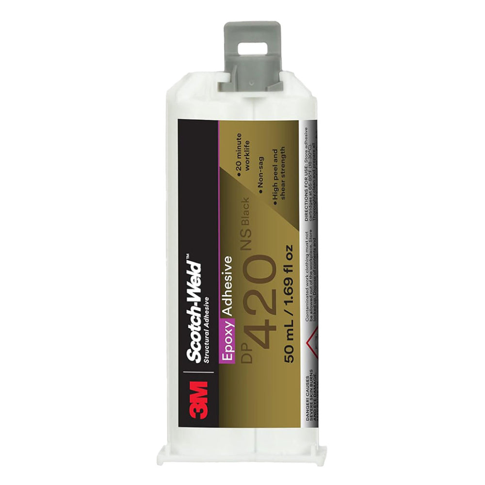 3M Scotch-Weld DP420NS Black non-sag structural epoxy adhesive 50ml Duo-Pak cartridge with a 20-minute worklife.
