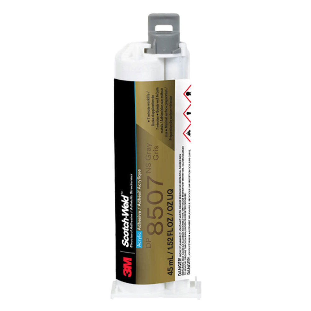 3M Scotch-Weld DP8507NS Grey non-sag acrylic structural metal bonder adhesive 45ml dual cartridge featuring a 7-minute worklife.