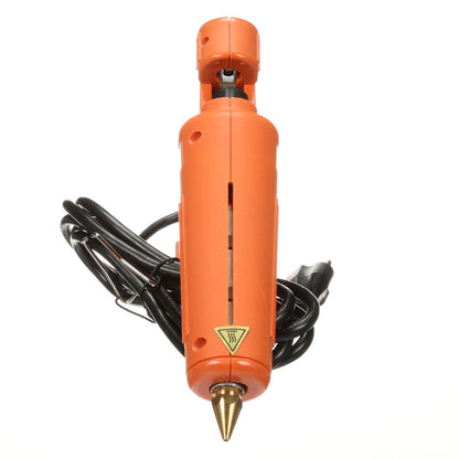 Front view of the 3M Scotch-Weld Hot Melt Applicator AE II featuring its tapered brass tip nozzle and heat warning symbol.