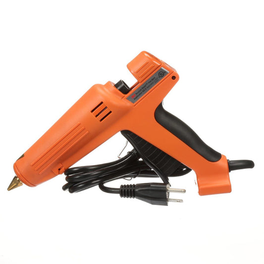 Left profile view of the orange 3M Scotch-Weld Hot Melt Applicator AE II glue gun, showing the trigger and coiled black power cord