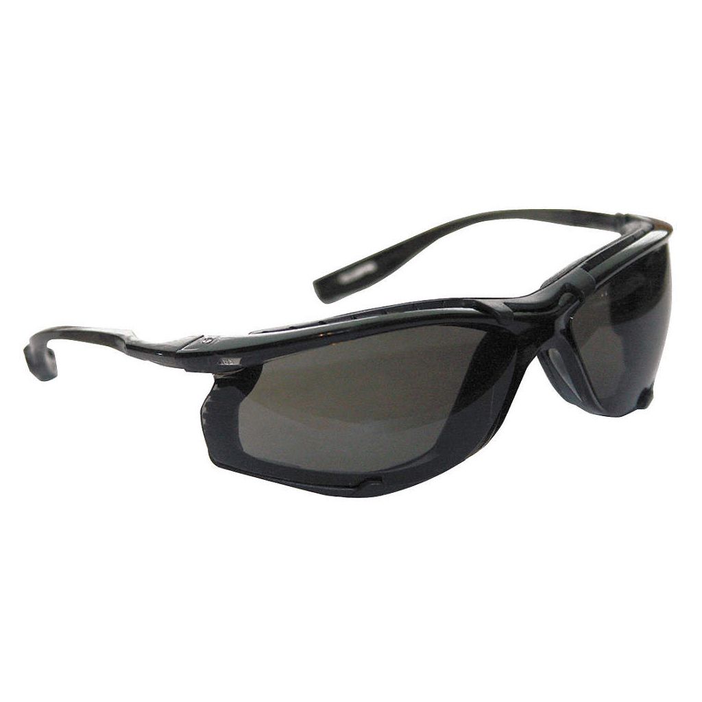 Right side perspective view of 3M industrial protective glasses with a secure dust blocking foam gasket seal