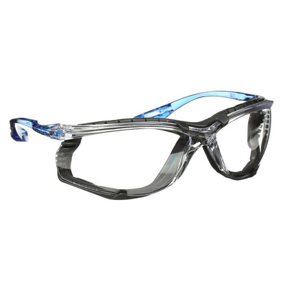 Angled right perspective view of 3M sealed safety glasses with an impact resistant clear lens on a white background