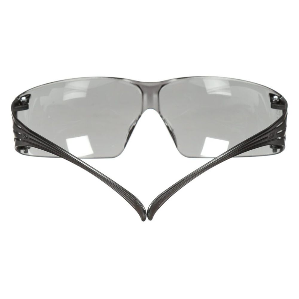 Top-down view of 3M SecureFit 200 tinted safety eyewear highlighting the self-adjusting pressure diffusion temple arms.