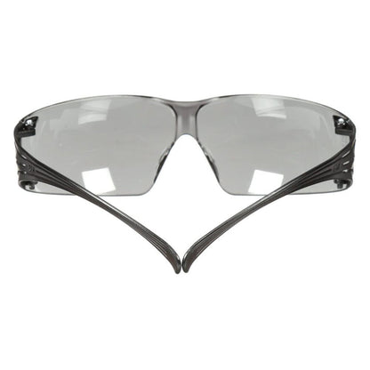 Top-down view of 3M SecureFit 200 tinted safety eyewear highlighting the self-adjusting pressure diffusion temple arms.