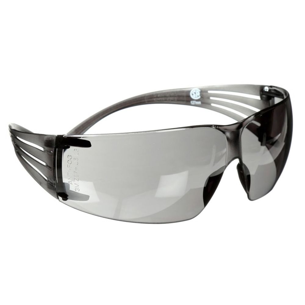 Side perspective of 3M SecureFit gray tinted safety glasses showing the anti-fog polycarbonate lens and integrated side shield protection.