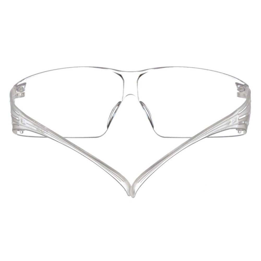 Top-down view of 3M SF200 Series industrial safety glasses highlighting the flexible slotted temple arms and rimless clear frame design.