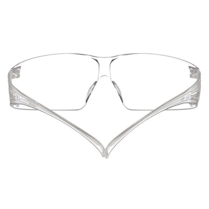 Top-down view of 3M SF200 Series industrial safety glasses highlighting the flexible slotted temple arms and rimless clear frame design.