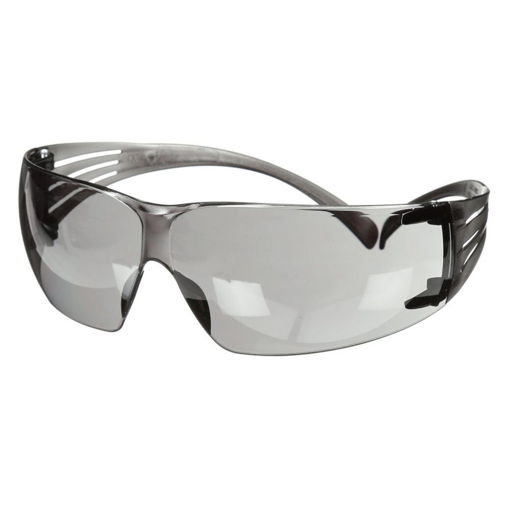 Angled profile view of 3M tinted protective eyewear featuring flexible gray temple arms designed for all-day construction comfort.