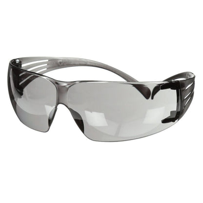 Angled profile view of 3M tinted protective eyewear featuring flexible gray temple arms designed for all-day construction comfort.