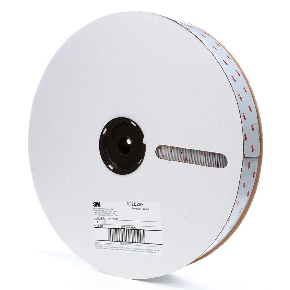 A large bulk manufacturing roll of black 3M SJ3526N reclosable fastener nylon hook tape with white protective cardboard flanges and product identification labels isolated on a white background