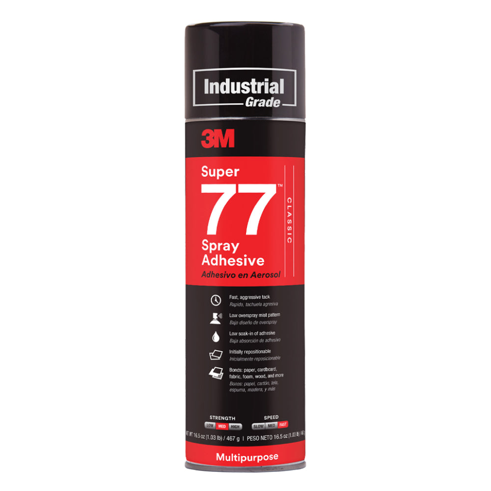 3M Super 77 Classic industrial grade multipurpose clear spray adhesive in a 16.5 oz 467g black and red aerosol can, fast aggressive tack, low overspray mist pattern, initially repositionable, bonds paper, cardboard, fabric, foam, and wood