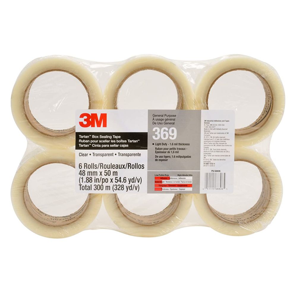3M Tartan 369 clear polypropylene box sealing tape 6 pack 48mm x 50m 1.6 mil light duty general purpose hot melt rubber resin adhesive – Leo Tools Ltd.