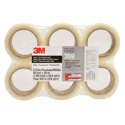 3M Tartan 369 clear polypropylene box sealing tape 6 pack 48mm x 50m 1.6 mil light duty general purpose hot melt rubber resin adhesive – Leo Tools Ltd.