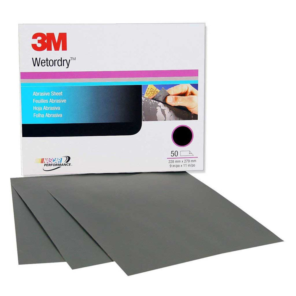 3M Wetordry abrasive sheets in 9 x 11 inch 228mm x 279mm size shown with NASCAR Performance endorsed retail box of 50 grey silicon carbide wet or dry sandpaper sheets for automotive paint finishing and bodywork