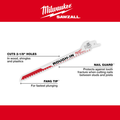 Milwaukee 48-00-1610 SAWZALL 7-3/8in 5 TPI Rough-In Blades - 5pk
