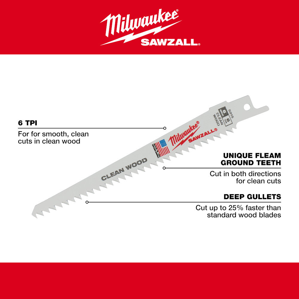Milwaukee 48-00-5015 SAWZALL 6in 6 TPI Fleam Ground Clean Wood Blades - 5pk