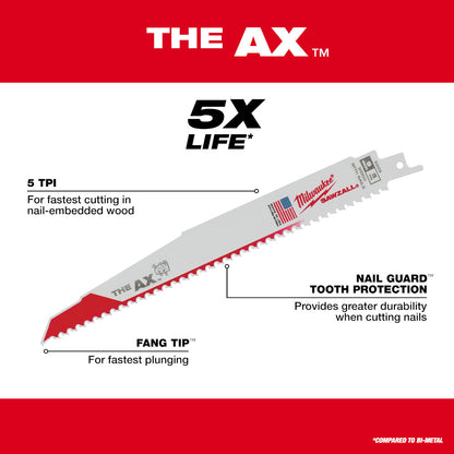 Milwaukee 48-00-5027 SAWZALL THE AX 12in 5 TPI Nail Embedded Wood Cutting Blades - 5pk
