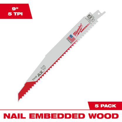 Milwaukee 48-00-5026 SAWZALL THE AX 9in 5 TPI Nail Embedded Wood Cutting Blades - 5pk