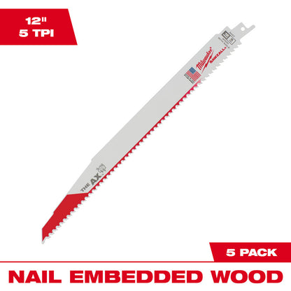 Milwaukee 48-00-5027 SAWZALL THE AX 12in 5 TPI Nail Embedded Wood Cutting Blades - 5pk