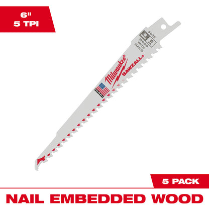 Milwaukee 48-00-5035 SAWZALL 6in 5 TPI Nail Embedded Wood Cutting Blade - 5pk