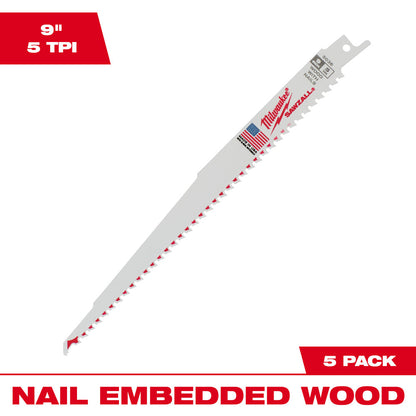 Milwaukee 48-00-5036 SAWZALL 9in 5 TPI Nail Embedded Wood Cutting Blade - 5pk