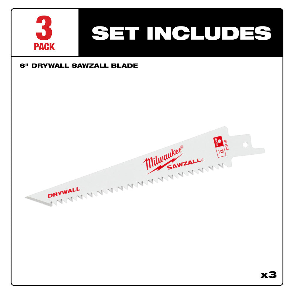 Milwaukee 48-00-5053 SAWZALL 6in 8 TPI Drywall Blades - 3pk