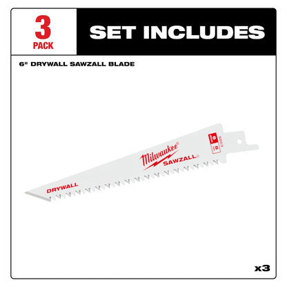 Milwaukee 48-00-5053 SAWZALL 6in 8 TPI Drywall Blades - 3pk