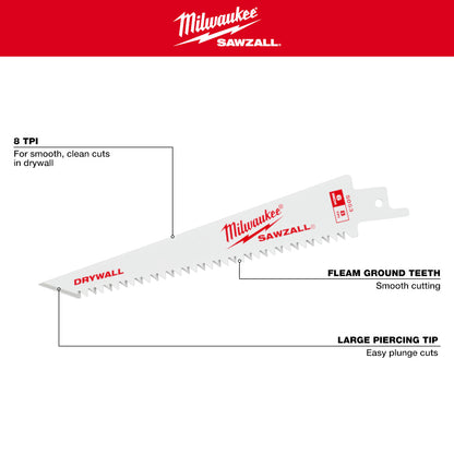 Milwaukee 48-00-5053 SAWZALL 6in 8 TPI Drywall Blades - 3pk