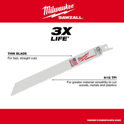 Milwaukee 48-00-5093 SAWZALL 8in 8/12 TPI Reciprocating Saw Blades - 5pk
