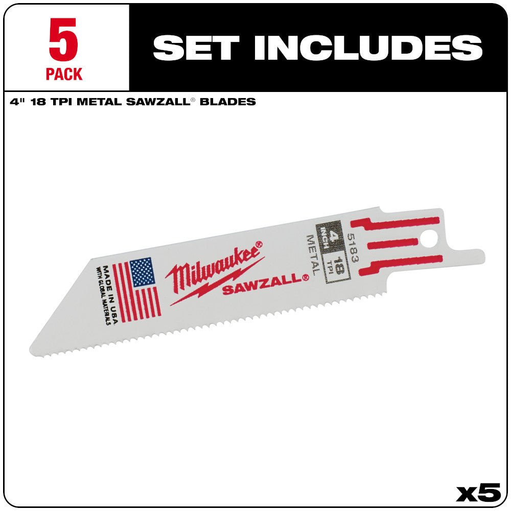 Milwaukee 48-00-5183 SAWZALL 4in 18 TPI Metal Cutting Blades - 5pk