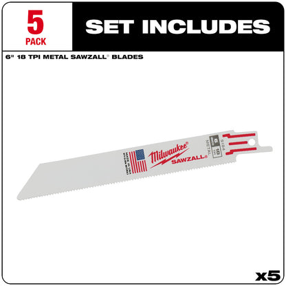 Milwaukee 48-00-5184 SAWZALL 6in 18 TPI Metal Cutting Blades - 5pk