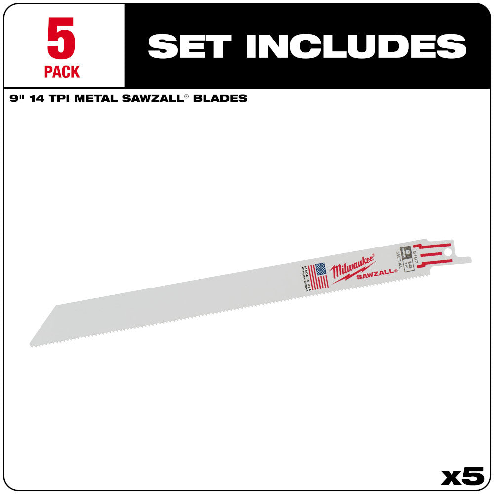 Milwaukee 48-00-5187 SAWZALL 9in 14 TPI Metal Cutting Blades - 5pk
