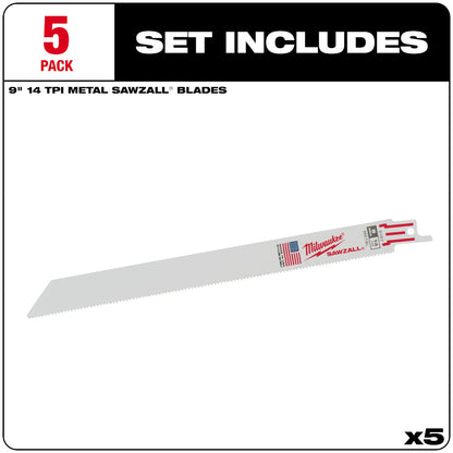 Milwaukee 48-00-5187 SAWZALL 9in 14 TPI Metal Cutting Blades - 5pk