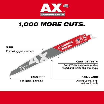 Milwaukee 48-00-5226 SAWZALL THE AX 9in 5 TPI Reciprocating Saw Blade with Carbide Teeth