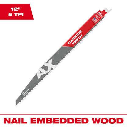 Milwaukee 48-00-5227 SAWZALL THE AX 12in 5 TPI Reciprocating Saw Blade with Carbide Teeth