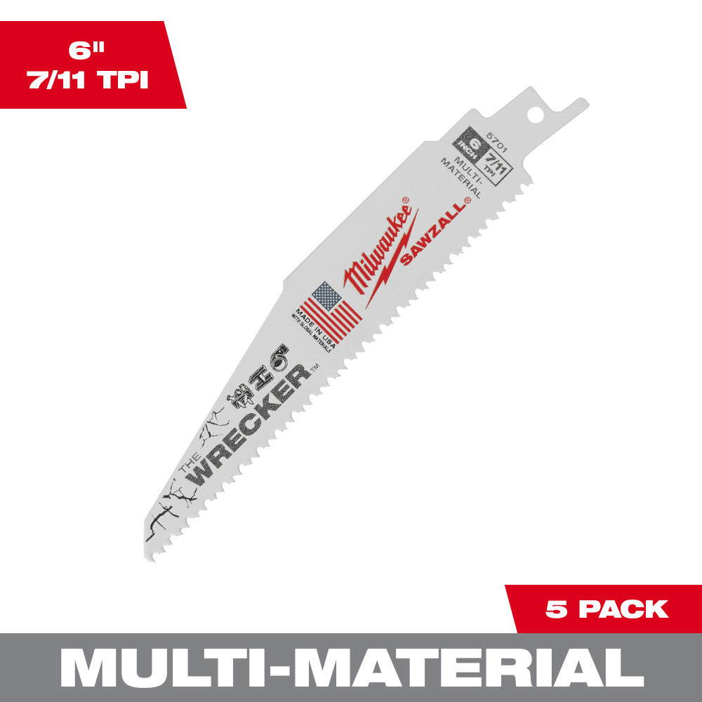 Milwaukee 48-00-5701 SAWZALL THE WRECKER 6in 7/11 TPI Demolition Blades - 5pk