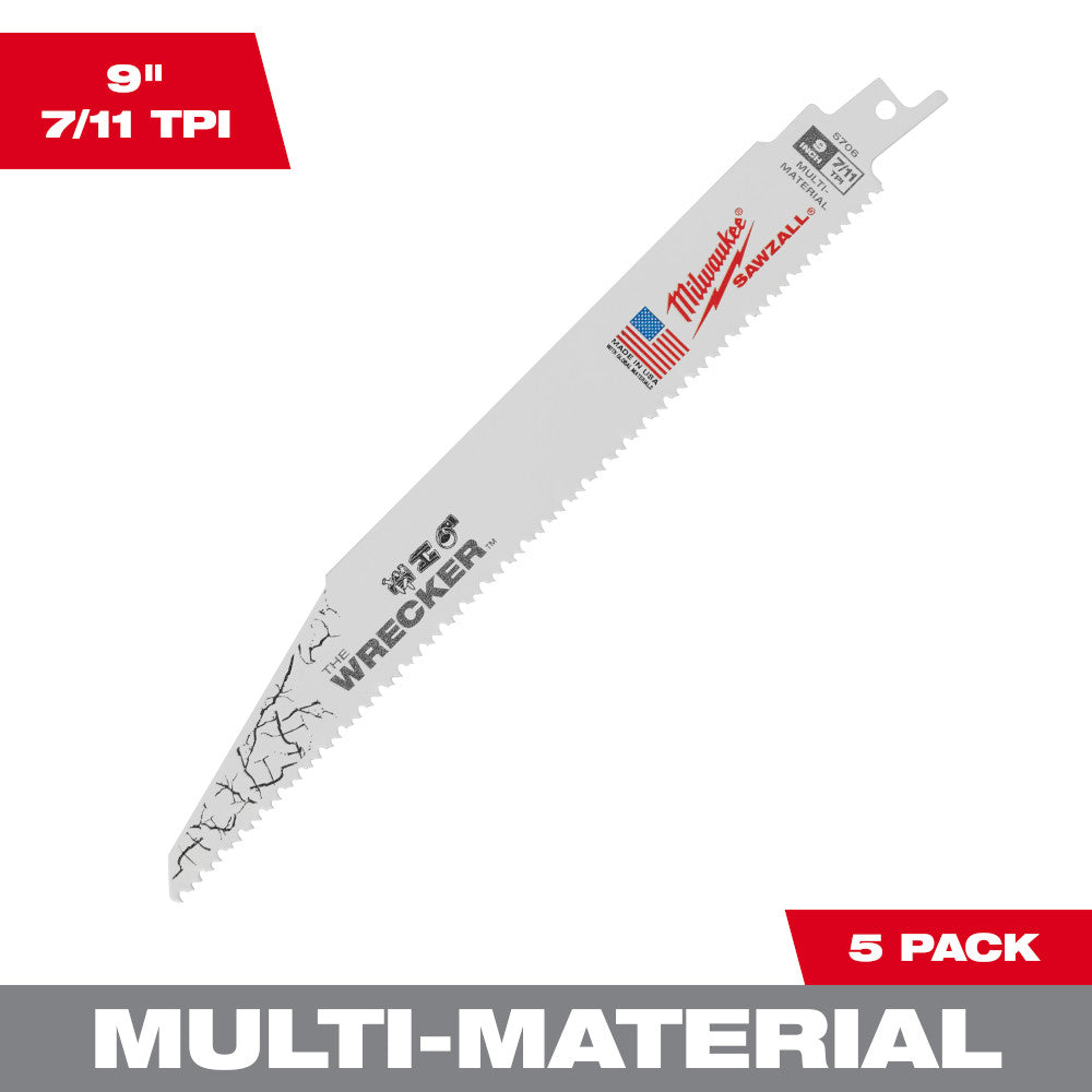 Milwaukee 48-00-5706 9-inch 7/11 TPI WRECKER Demolition Multi-Material Cutting SAWZALL Reciprocating Saw Blades (5 Piece)