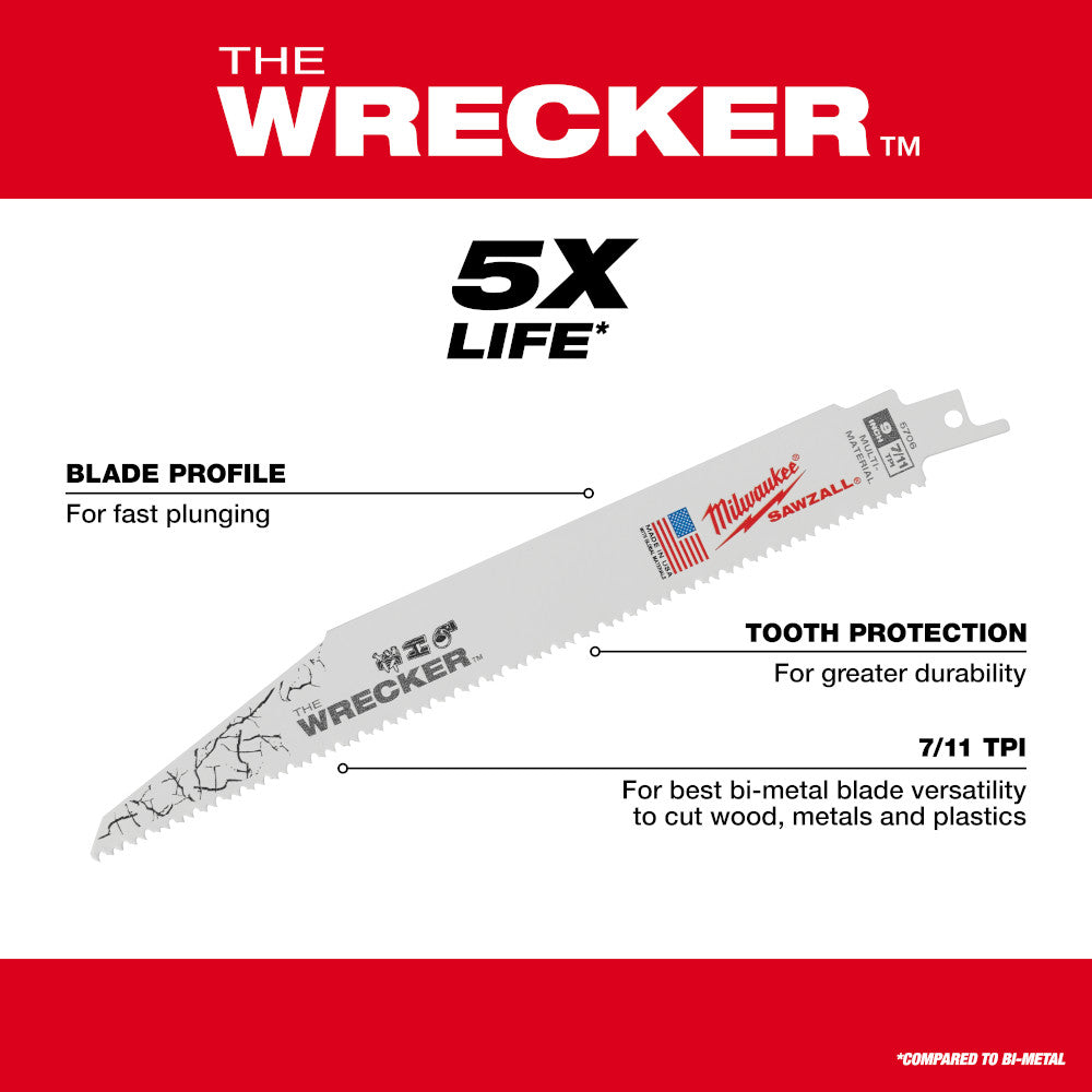 Milwaukee 48-00-5701 SAWZALL THE WRECKER 6in 7/11 TPI Demolition Blades - 5pk