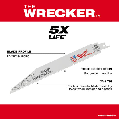 Milwaukee 48-00-5701 SAWZALL THE WRECKER 6in 7/11 TPI Demolition Blades - 5pk