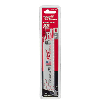 Milwaukee 48-00-5786 SAWZALL THE TORCH 6in 24 TPI Metal Demolition Blades - 5pk