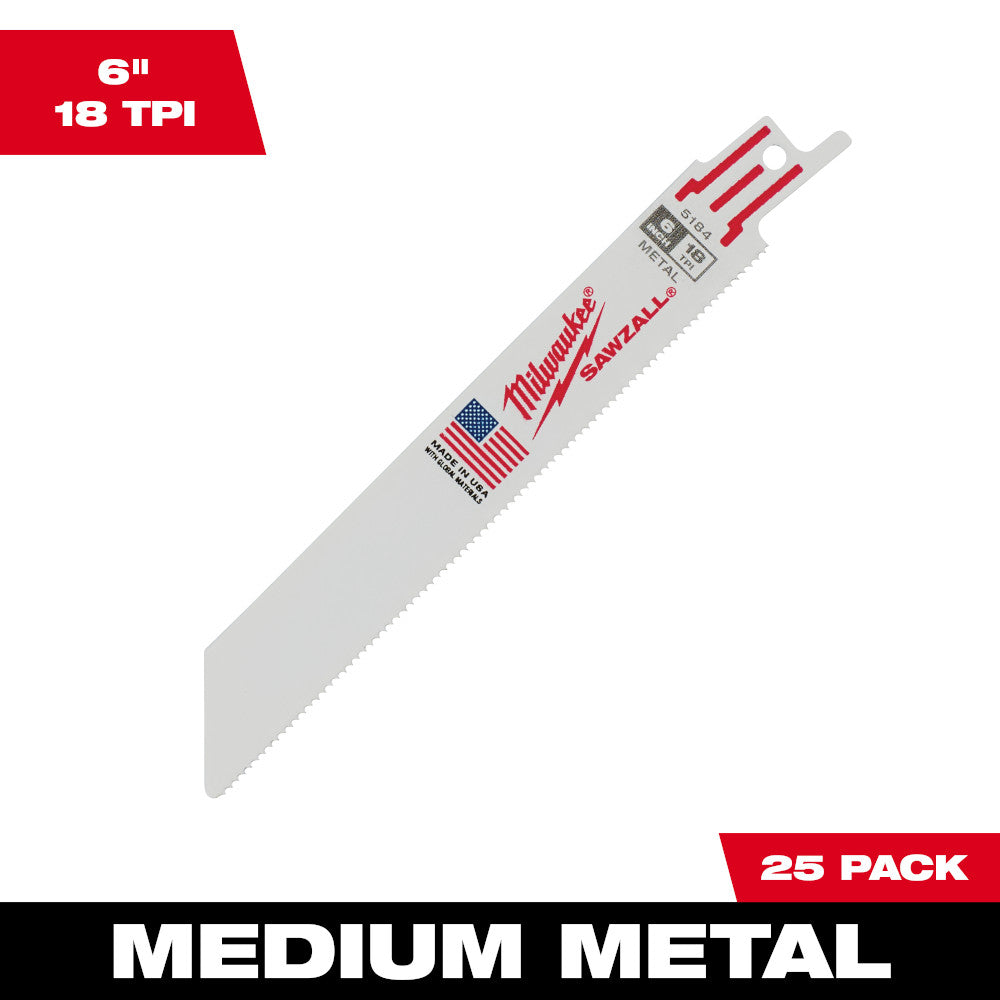 Milwaukee 48-00-8184 SAWZALL 6in 18 TPI Metal Cutting Blades - 25pk