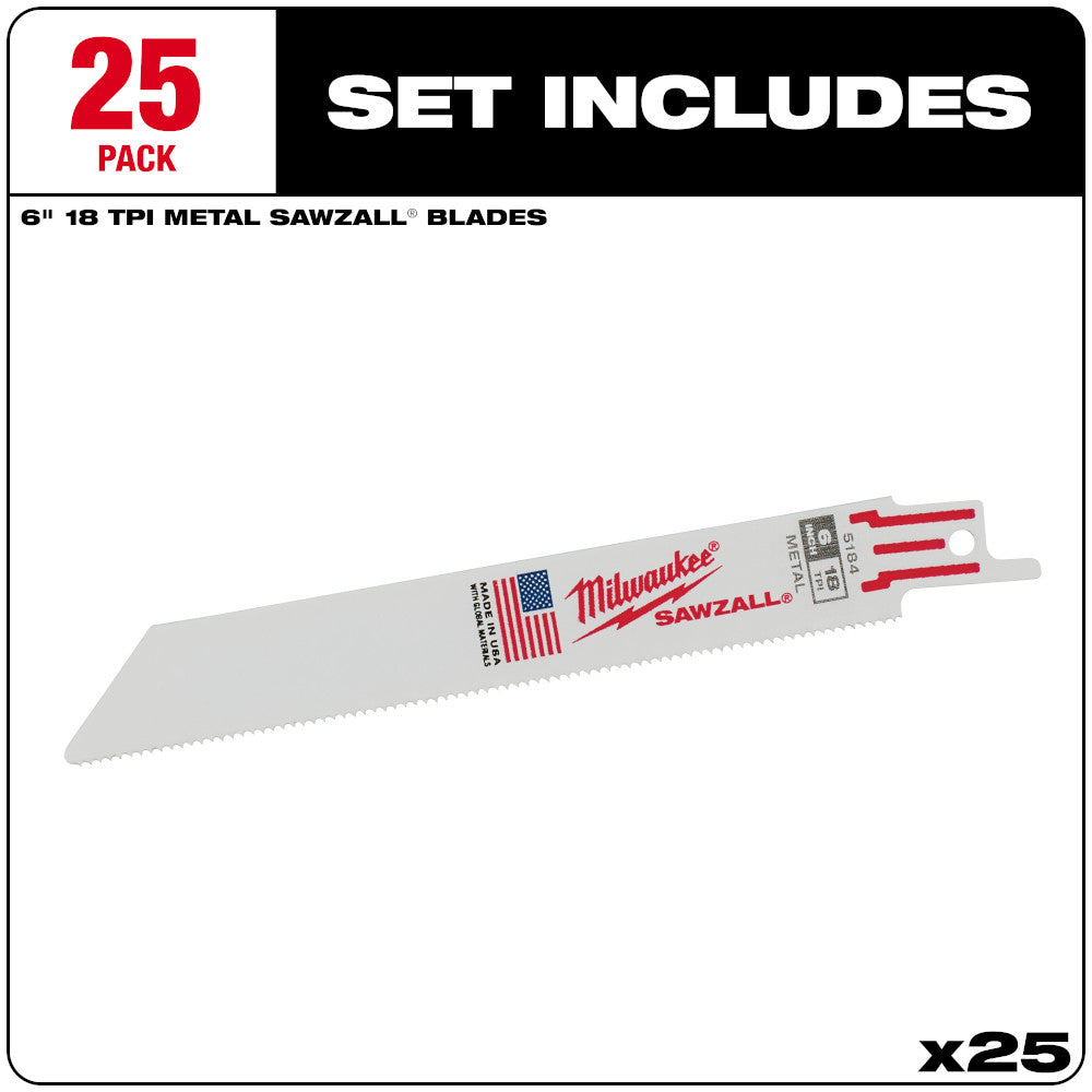 Milwaukee 48-00-8184 SAWZALL 6in 18 TPI Metal Cutting Blades - 25pk