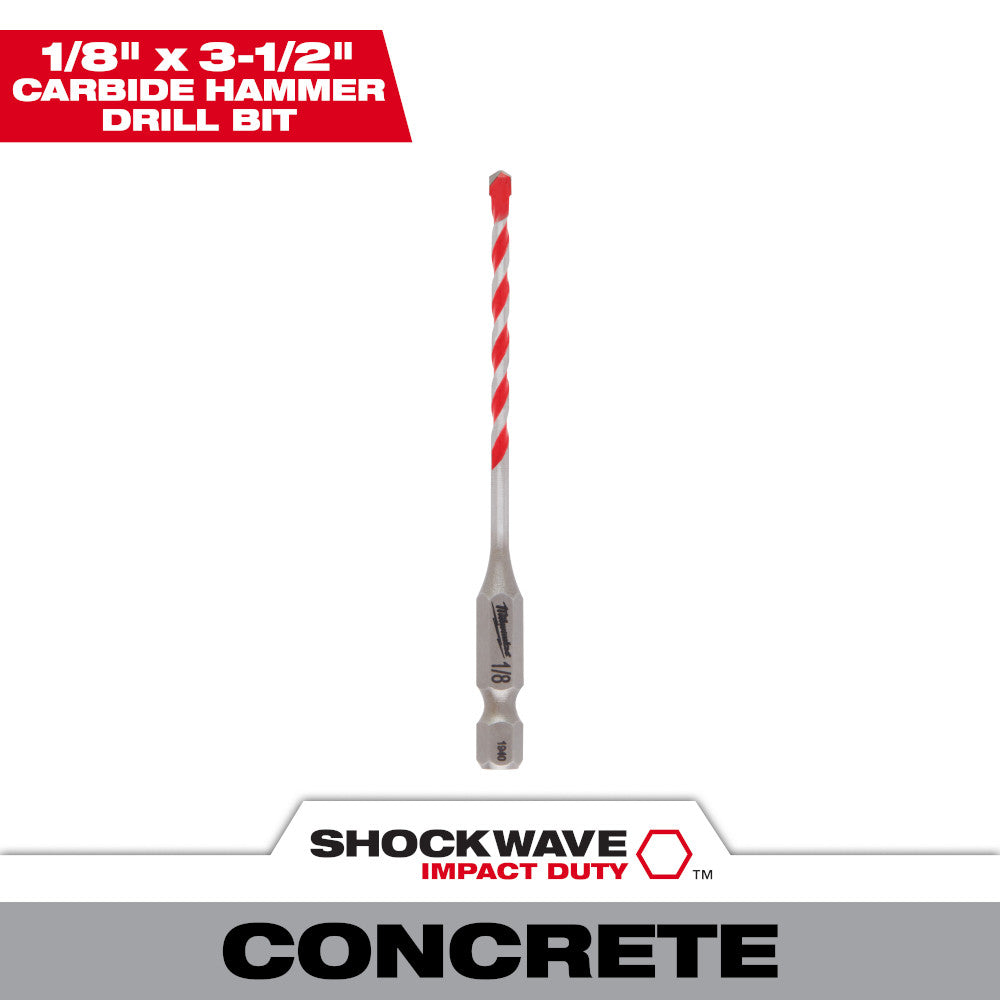 Milwaukee 48-20-9000 SHOCKWAVE 1/8in x 2in x 3-1/2in Carbide Hammer Drill Bit