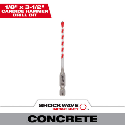 Milwaukee 48-20-9000 SHOCKWAVE 1/8in x 2in x 3-1/2in Carbide Hammer Drill Bit