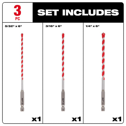 Milwaukee 48-20-9050 3pc SHOCKWAVE 4in x 6in Carbide Hammer Drill Bit Set