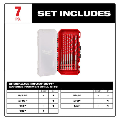 Milwaukee 48-20-9057 7pc SHOCKWAVE 4in x 6in Carbide Hammer Drill Bit Set