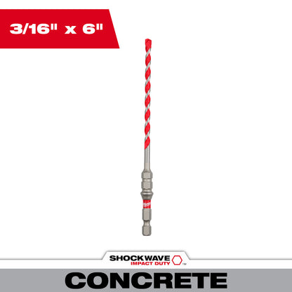 Milwaukee 48-20-9096 SHOCKWAVE 3/16in x 6in Carbide Hammer Drill Bit for Concrete Screws